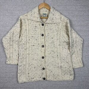 Carraig‎ Donn Aran Sweater Cardigan Women Sz M Beige Wool Cable Knit pocket
